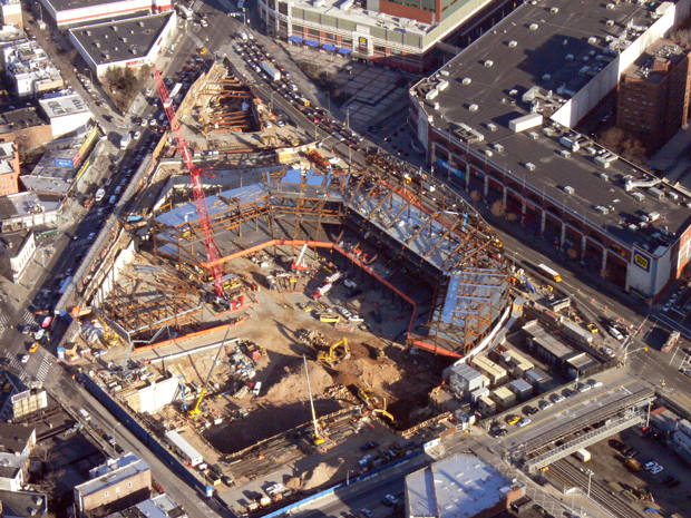 The Barclays Center is seen under construction at Atlantic Yards - Brooklyn, NY - Mar 29, 2011 - Photo: Tom Kaminski / WCBS 880