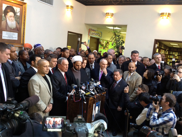 Mayor Michael Bloomberg, Police Commissioner Ray Kelly and religious leaders gather to denounce the spree of firebombings - Queens, NY - Jan 3, 2012 (credit: Alex Silverman / WCBS 880)