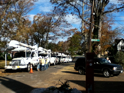 Utility trucks lined up on Staten Island - Nov. 2, 2012 (credit: Laura Cala / WCBS 880)