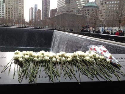 White roses are placed by the names of the six victims of the 1993 World Trade Center bombing at the 9/11 Memorial on Tuesday, Feb. 26, 2013 (credit: Peter Haskell/WCBS 880)
