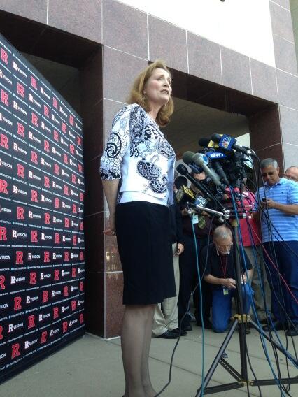Incoming Rutgers AD Julie Hhermann addresses the media, June 5, 2013. (credit: Peter Haskell/WCBS 880)