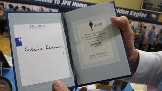 Caroline Kennedy signed and donated a book to the John F. Kennedy Middle School in Bethpage. (credit: Mona Rivera/1010 WINS)