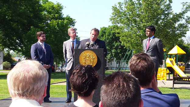 New Jersey Gov. Chris Christie and U.S. Housing and Urban Development Secretary Shaun Donovan announce winners of the "Rebuild By Design" competition June 2, 2014, in Little Ferry, N.J. (Credit: Marla Diamond/WCBS 880)