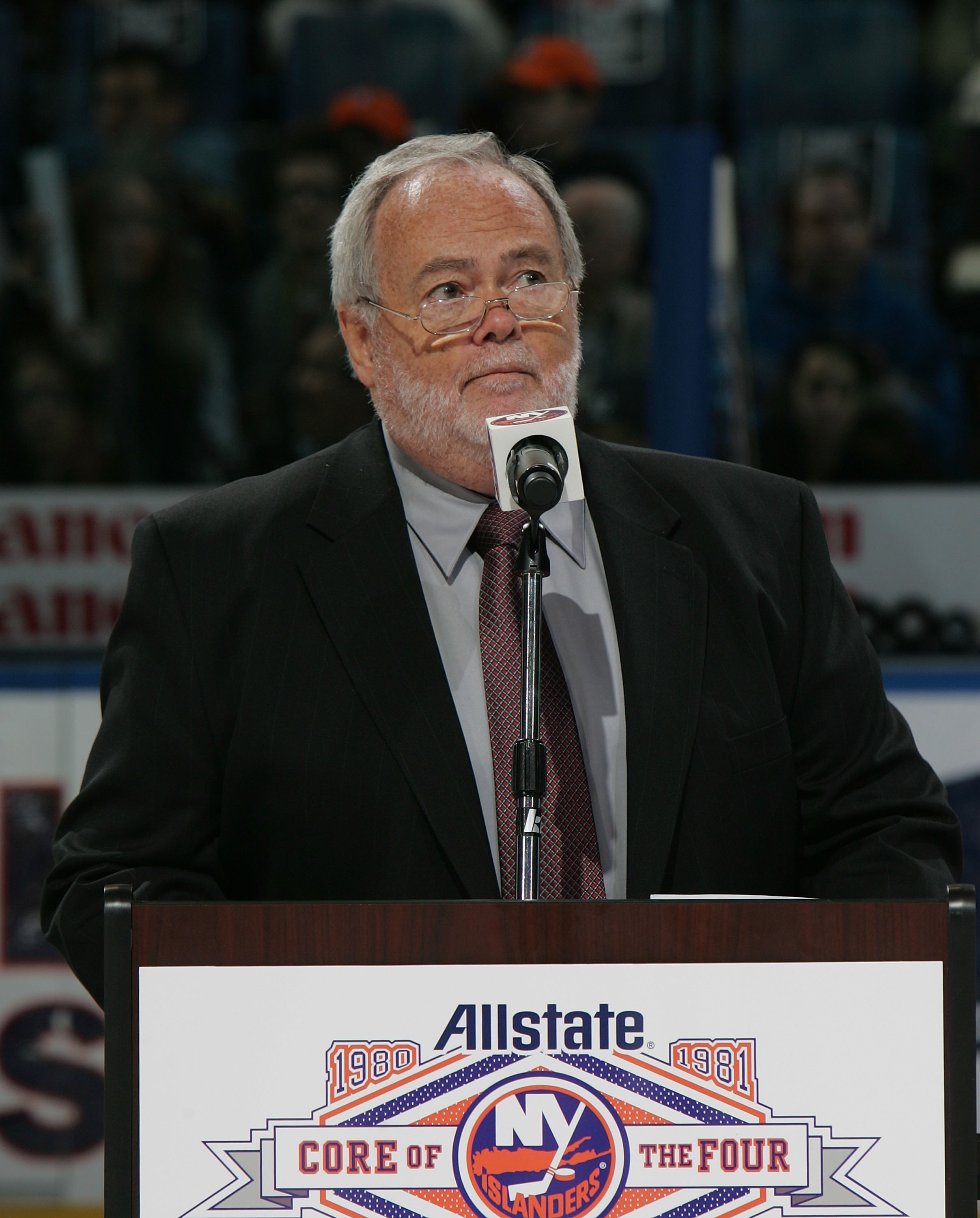 Hall of Fame broadcaster Jiggs McDonald  handles the commentary for the "Core of the Four" Islanders Stanley Cup championship celebration on March 2, 2008.  (Photo by Bruce Bennett/Getty Images)
