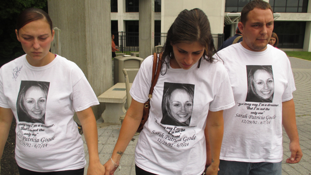 Supporters of Sarah Goode leave court in Riverhead after arraignment of Dante Taylor on upgraded charges of first degree murder on July 24, 2014. (credit: Mona Rivera/1010 WINS)