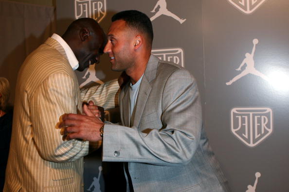 Derek Jeter and Michael Jordan in 2008.  (Photo by Roger Kisby/Getty Images)