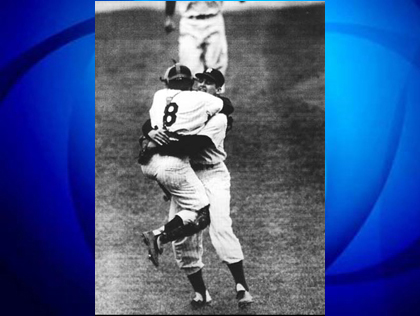Pitcher Don Larsen and catcher Yogi Berra hug after perfect game in 1956 World Series, Oct. 8, 1956 (credit: Library Of Congress)