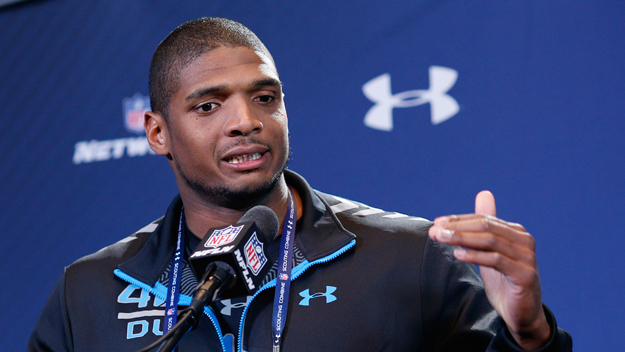 Missouri defensive lineman Michael Sam speaks to the media during the 2014 NFL Combine at Lucas Oil Stadium on February 22, 2014 in Indianapolis, Indiana. (Photo by Joe Robbins/Getty Images)