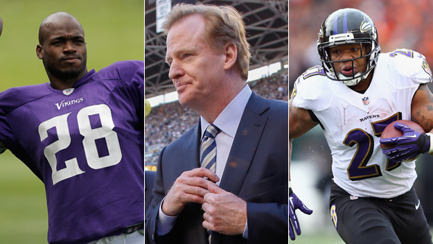 Adrian Peterson (Photo by Harry Engels/Getty Images), Roger Goodell (Photo by Otto Greule Jr/Getty Images), Ray Rice (Photo by Andy Lyons/Getty Images)   