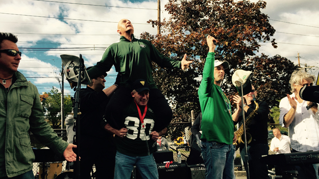 Fireman Ed appears  at WFAN's Blow Off Some Steam for Gang Green pregame party on Oct. 26, 2014. (Photo by John D'Alessandro/WFAN)