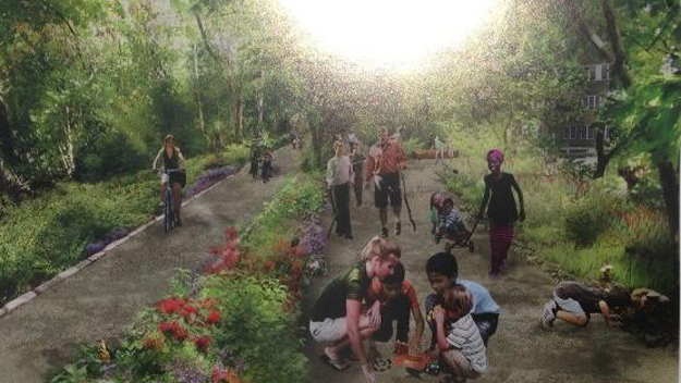 Artist rendering of the proposed QueensWay park (Credit: Peter Haskell/WCBS 880)