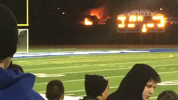 A crash shut down Route 21 in Belleville, New Jersey on Monday, Nov. 3. The resulting fire was visible from the football field at North Arlington High School. (Credit: ‏@lyssanikki)