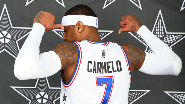Carmelo Anthony poses for his All-Star starter photos (Photo by Nathaniel S. Butler/NBAE via Getty Images)