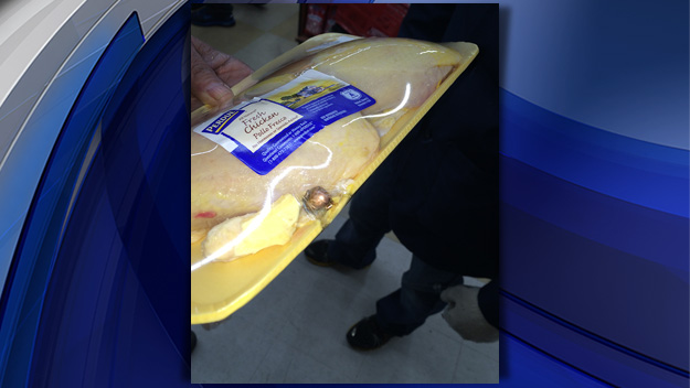 A bullet from a shooting on Monday, March 16 was found in a pack of chicken at a Harlem Key Food store. (Credit: CBS2)