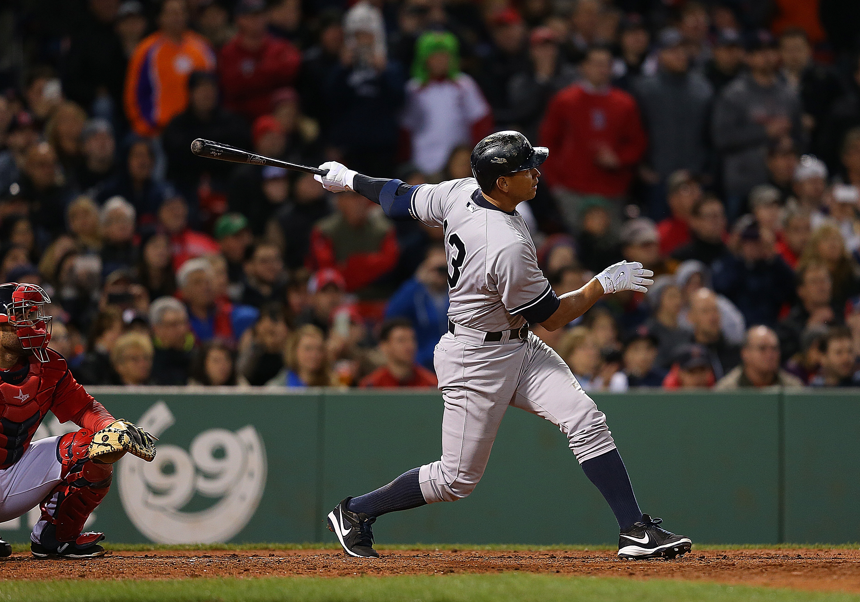BOSTON, MA - MAY 1: Alex Rodriguez #13 hits 660th career home run to tie Willie Mays record during a game with Boston Red Sox in the 8th inning at Fenway Park May 1, 2015 in Boston, Massachusetts. (Photo by Jim Rogash/Getty Images)