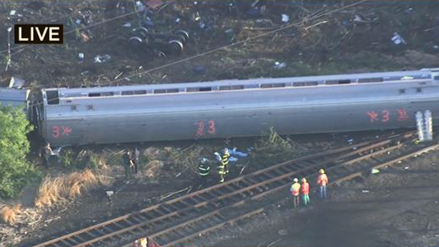 An Amtrak train is seen the morning after it derailed in Philadelphia on the way to New York. (credit: CBS2)