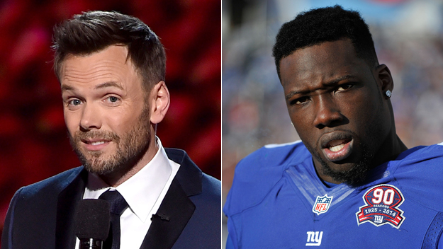 Joel McHale hosting the 2015 ESPYs (Photo by Kevin Winter/Getty Images), Jason Pierre-Paul (Photo by Frederick Breedon/Getty Images)