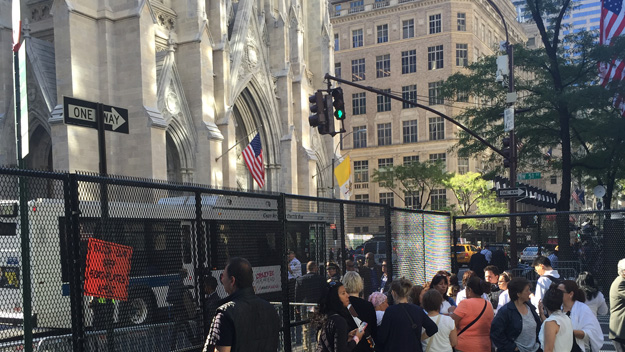 A security fence has been erected around St. Patrick Cathedral in preparation of Pope Francis' visit. (Credit: Kelly Waldron/WCBS 880) 