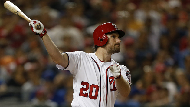 Daniel Murphy #20 of the Washington Nationals hits a two-run home run in the eighth inning against the New York Mets at Nationals Park on June 29, 2016 in Washington, DC.