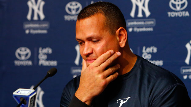 Alex Rodriguez fights back tears on Aug. 7, 2016, as he announces he will play his final game on Aug. 12. (Photo by Jim McIsaac/Getty Images)