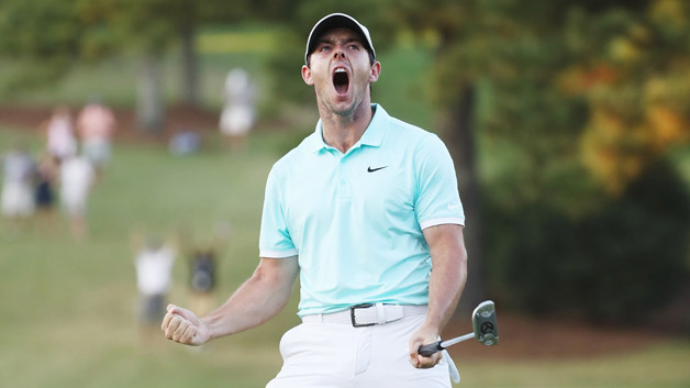 Rory McIlroy of Northern Ireland celebrates a birdie putt to defeat Ryan Moore on the fourth playoff hole to win the TOUR Championship and clinch the FedExCup at East Lake Golf Club on September 25, 2016 in Atlanta, Georgia.
